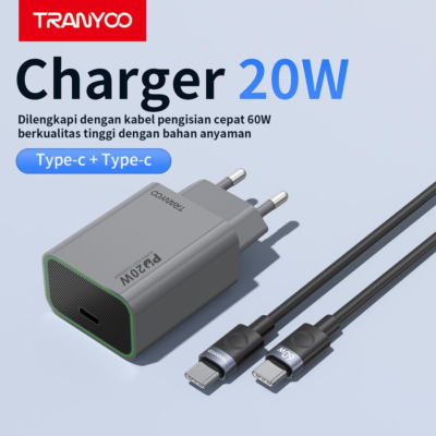 Tranyoo | T-EU7C | 20W Fast Charging Adapter with USB-C to USB-C Cable | PD Quick Charger