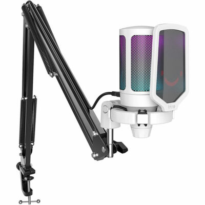 FIFINE AmpliGame A6T USB Condenser Microphone Kit with Boom Arm Stand – White